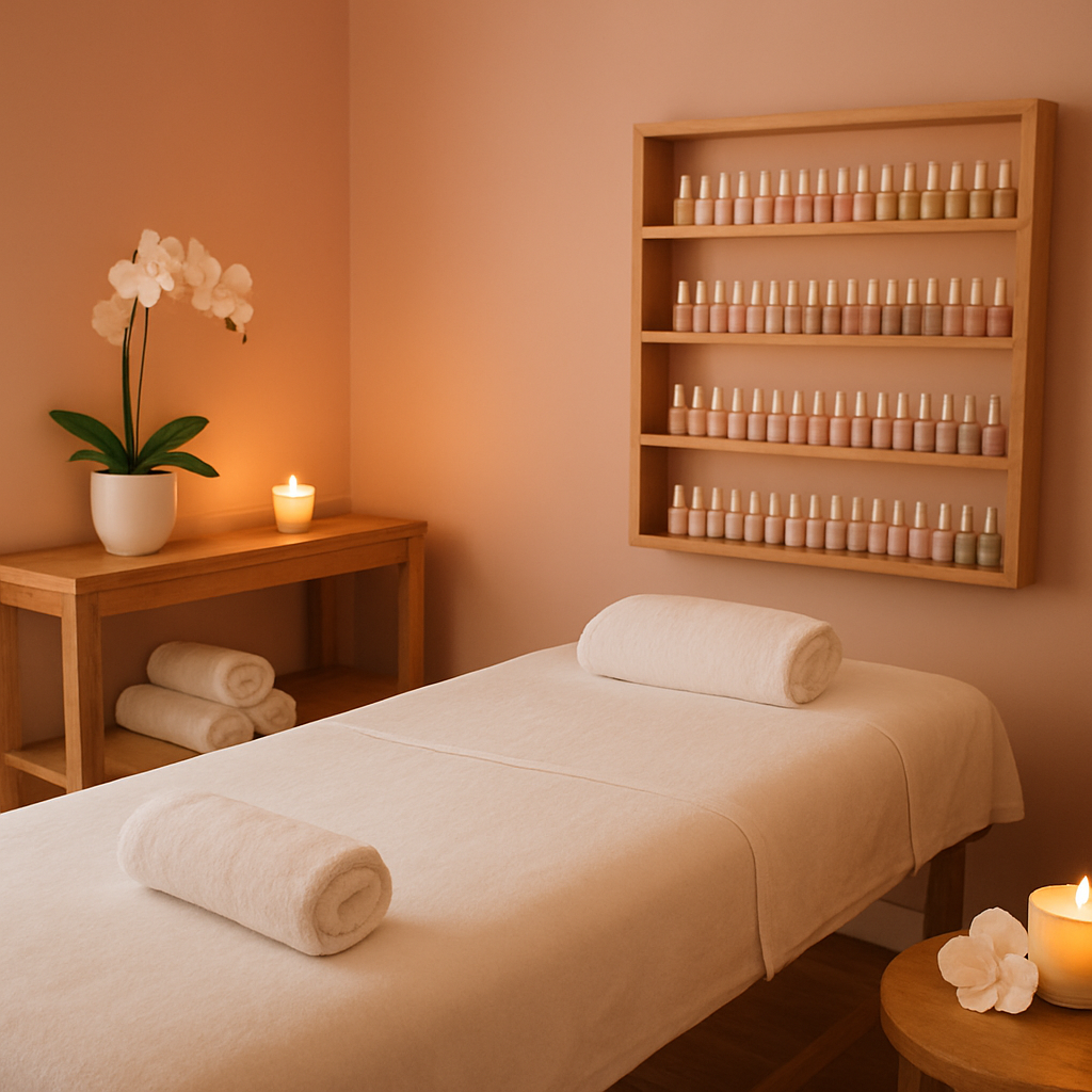Cozy spa treatment room with nail polish collection and floral accents
