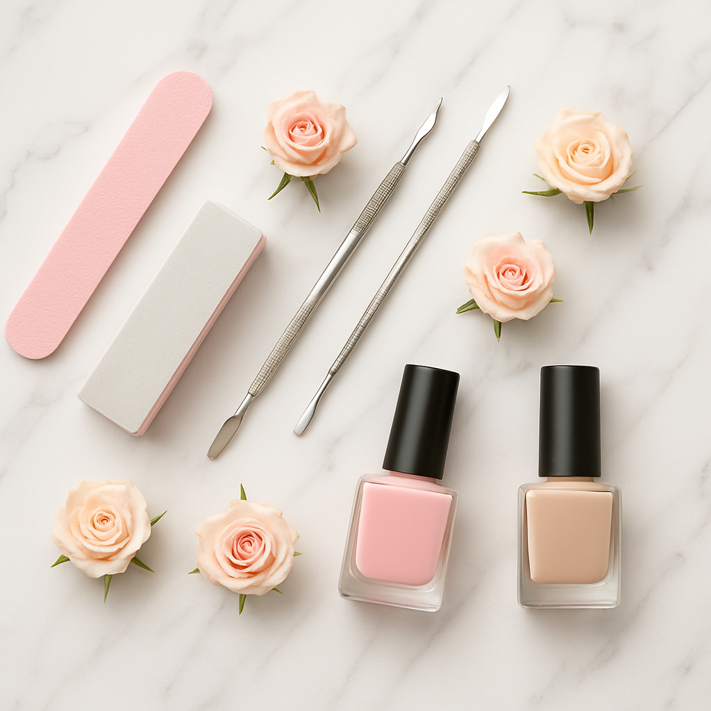 Manicure tools and nail polish bottles on white marble