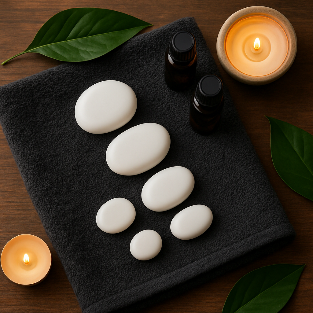 Hot stones and essential oils arranged for massage therapy