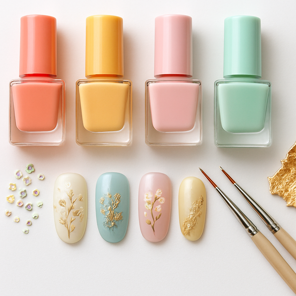 Nail art tools, gel polish, rhinestones and brushes